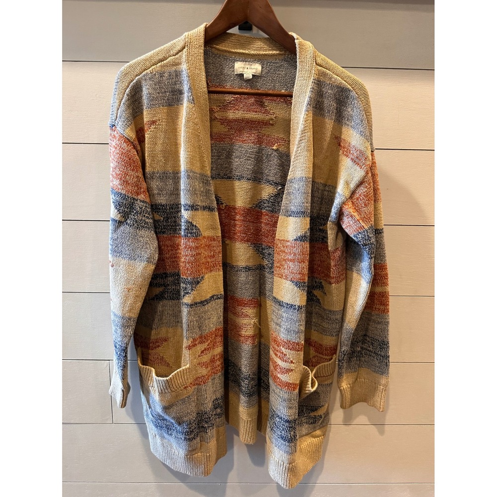 Lucky Brand Southwestern Geometric Open Front Cardigan Sweater Blue Orange Tan M